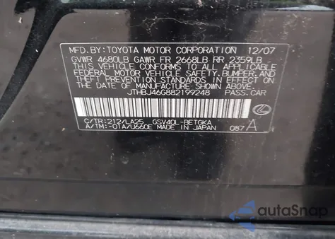 2008 Lexus Es 350 из США, поврежденный, VIN JTHBJ46G882199248